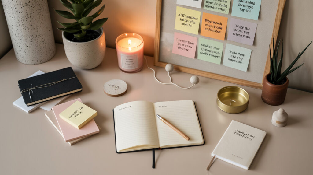 A tidy desk setup with an open journal, a lit candle, a small plant, and a memo board filled with colorful sticky notes.