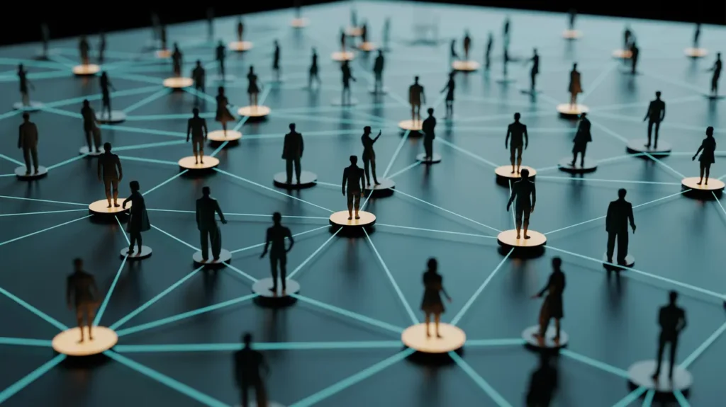 A 3D illustration of a network with human figures connected by lines on a dark background.