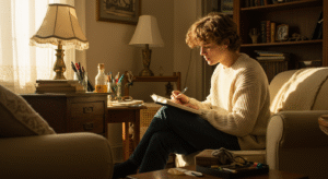 A person in a cozy sweater writes in a notebook on a couch, surrounded by books and lamps, embracing the theme Be Yourself in a warm room