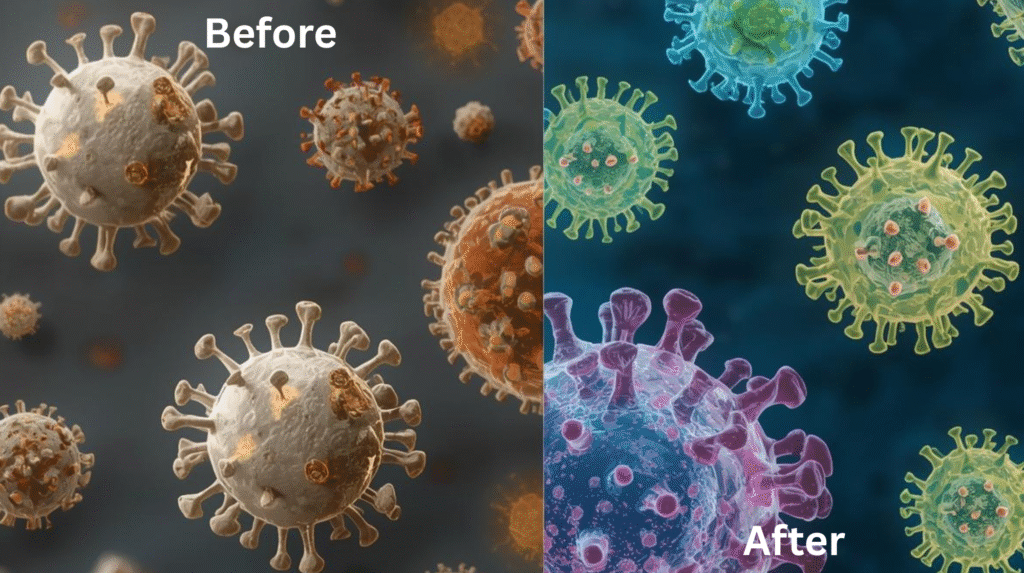 Before and after comparison graphic showing cellular health and aging timeline.