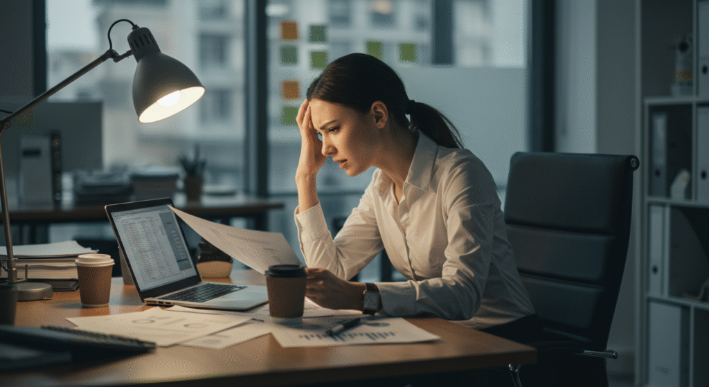 Stressed woman working late in office, illustrating Brain and Success Suffering concept.