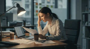 Stressed woman working late in office, illustrating Brain and Success Suffering concept.