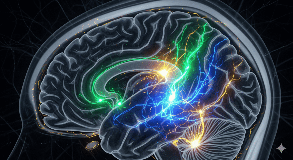 Brain scan showing neural pathways lighting up, representing neuroplasticity and learning