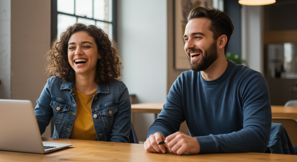 Smiling man and woman enjoying a conversation while working together on a laptop in a bright office