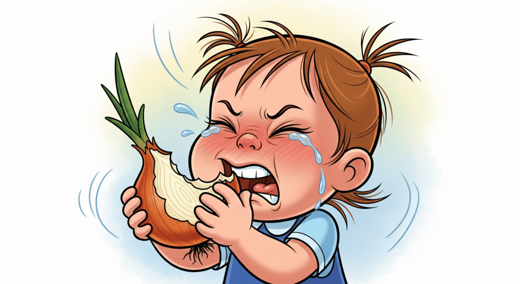Cartoon illustration of a little girl stubbornly eating an onion while crying