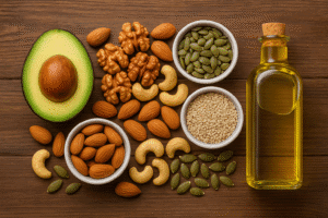 Colorful array of healthy fats - avocado, nuts, seeds, olive oil bottle - arranged aesthetically on wooden background