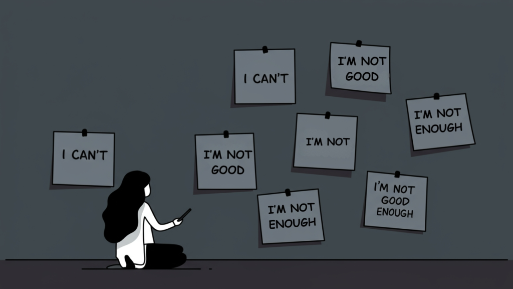 Drawing of a person sitting in a dark room surrounded by post-it notes with negative self-talk phrases like "I CAN'T," "I'M NOT GOOD," and "I'M NOT ENOUGH