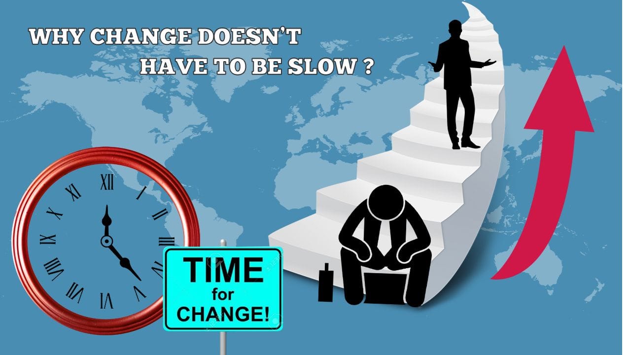 The image is a composite illustration posing the question "WHY CHANGE DOESN'T HAVE TO BE SLOW?" against a backdrop of a world map in light blue. On the left, a red-rimmed clock with Roman numerals shows the time at approximately 5:05. Next to it, a bright turquoise sign on a silver pole reads "TIME for CHANGE!" in bold, white lettering. On the right side, a stylized representation of a curved white staircase is depicted. At the bottom of the stairs, a black silhouette of a person is sitting with their head down, appearing dejected or stuck. Above them, another black silhouette of a person is standing on the upper steps, looking upwards with an outstretched hand, as if having progressed or offering guidance. A large, curved red arrow points upwards alongside the staircase, symbolizing progress or improvement. The overall composition suggests a contrast between the slow passage of time indicated by the clock and the potential for rapid change and progress, as depicted by the staircase and the upward arrow. The question at the top invites the viewer to consider the possibility of swift transformation.