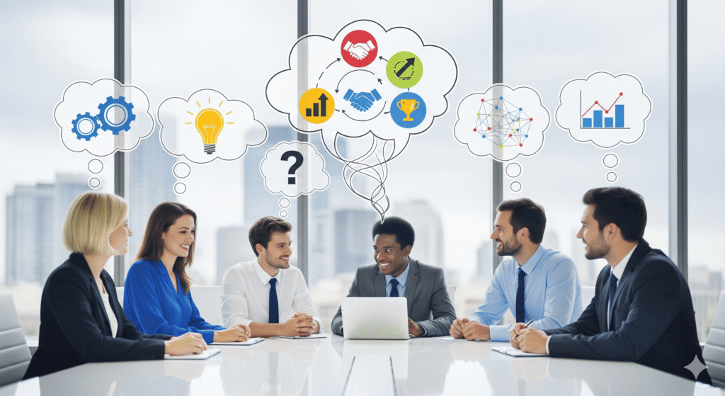Diverse team around a table with thought bubbles showing different perspectives merging into solutions