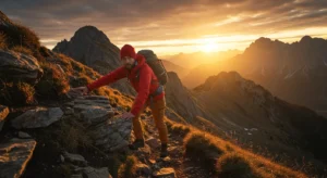 A male hiker climbs a rocky mountain path at sunset with a backpack and red jacket, showing individual success.