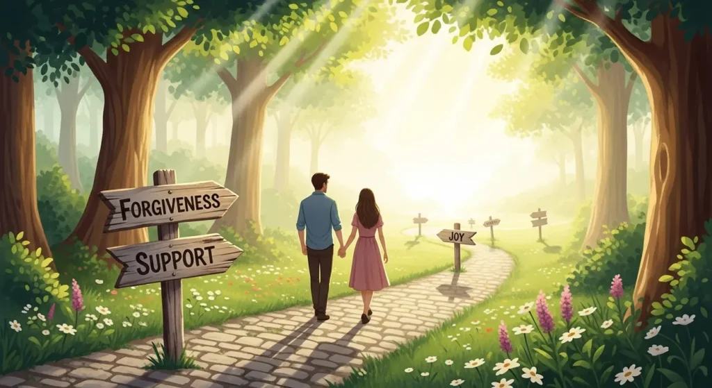 A couple walks on a sunlit path, passing signs for "Forgiveness" and "Support" on their journey.