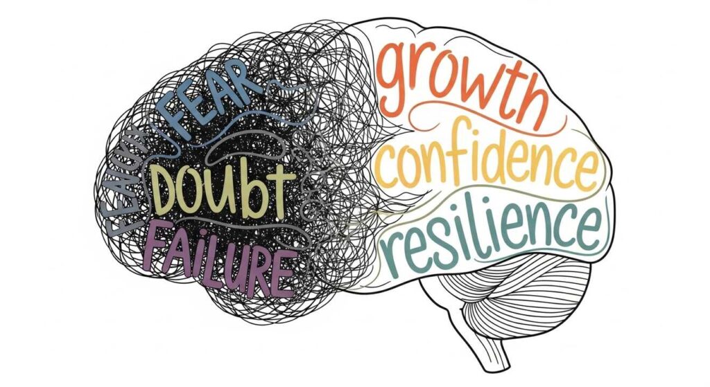 A brain split in two. The left side is tangled with fear, doubt, and failure. The right is clear with growth, confidence, and resilience.