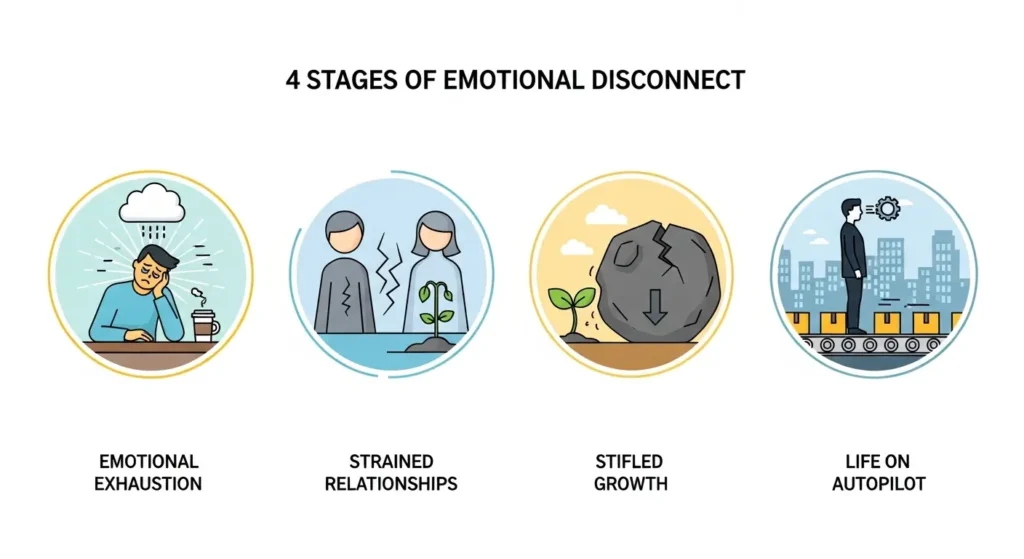 An illustration showing the 4 stages of emotional disconnect: Emotional Exhaustion, Strained Relationships, Stifled Growth, and Life on Autopilot.
