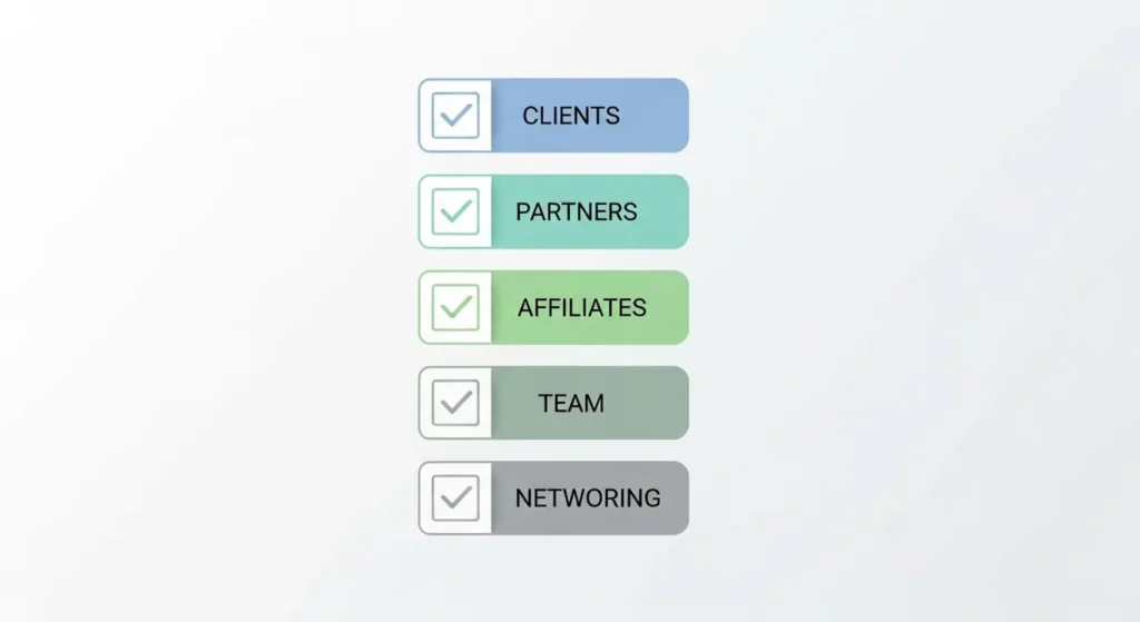 A vertical checklist showing five options: Clients, Partners, Affiliates, Team, and Networking.