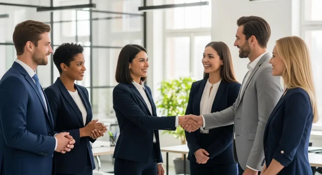 Six business people, smiling and dressed in suits, making a referrals while shaking hands in an office.