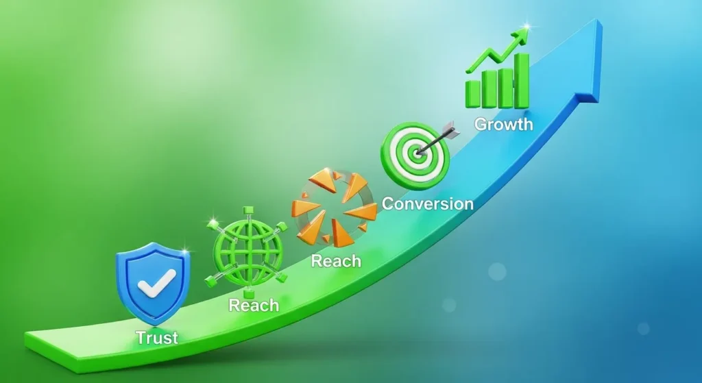 A diagram showing a path to growth with five steps: Trust, Reach, Reach, Conversion, and Growth.