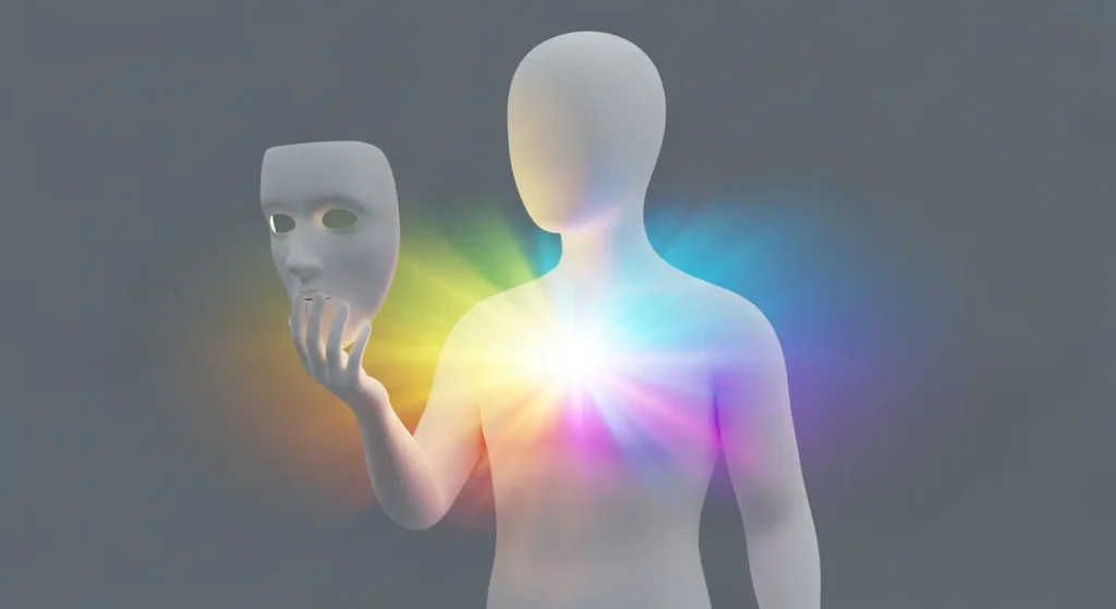 A stylized, featureless white figure holds a mask, with a bright, colorful light emanating from its chest.