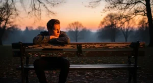 A young man sits in reflection on a park bench at sunset, gazing into the distance