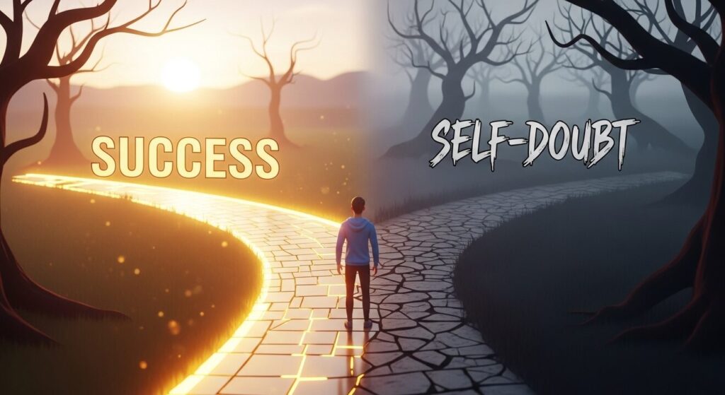 A person stands on a path that splits. One side, labeled "SUCCESS," is bright and sunny. The other, "SELF-DOUBT," is dark and foggy with bare trees.
