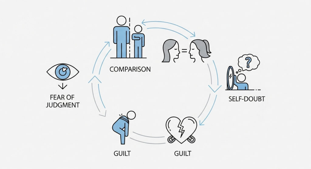 A cyclical diagram showing the progression of negative feelings. It starts with comparison, leading to self-doubt, which causes guilt and eventually the fear of judgment, which brings you back to the start.