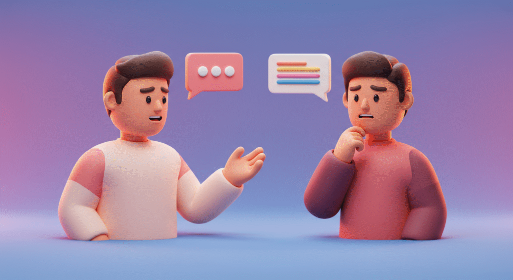 3D illustration of two people talking, one explaining and the other listening with a concerned expression