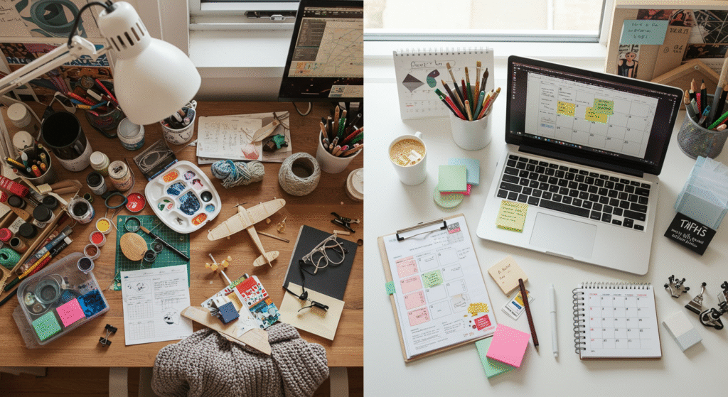 Side-by-side view of messy hobby desk and organized business workspace with planners and laptop.