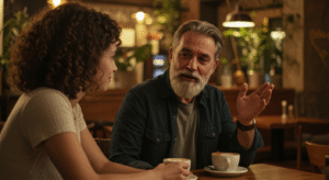 Older man giving thoughtful advice to young woman over coffee in cozy café setting, sharing life lessons