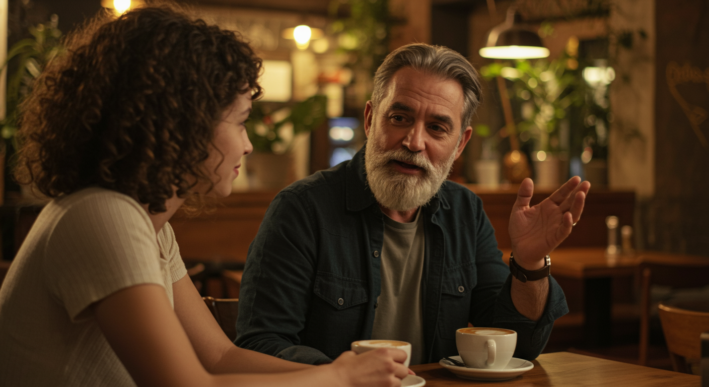 Older man giving thoughtful advice to young woman over coffee in cozy café setting, sharing life lessons