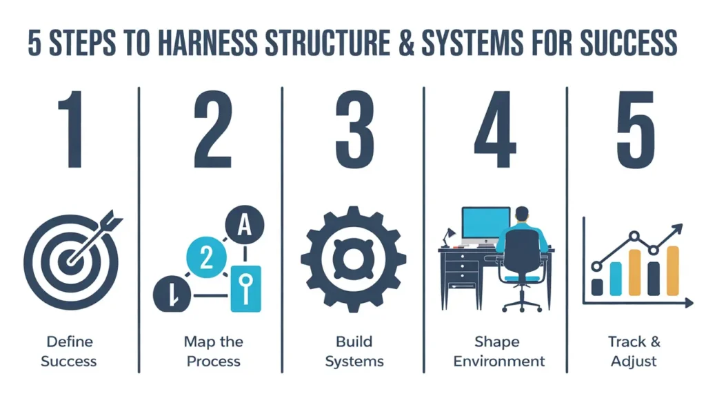 An infographic titled "5 Steps to Harness Structure & Systems for Success," outlining the process.