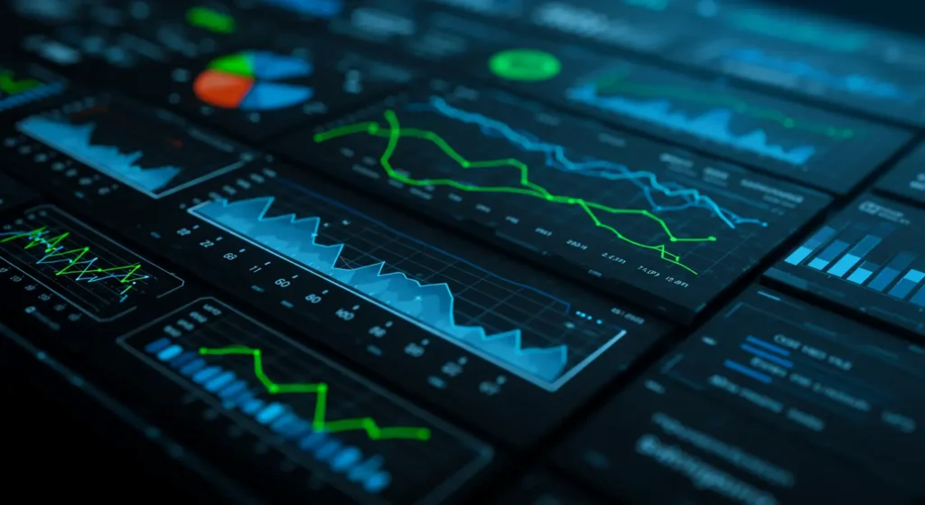 A wide view of multiple dark digital screens displaying various colorful graphs, charts, and data.