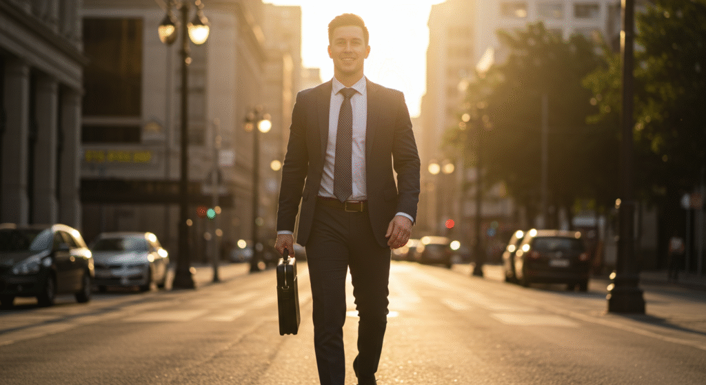 Confident businessman walking down city street at sunrise, embodying success through the 3-Second Rule.