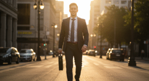 Confident businessman walking down city street at sunrise, embodying success through the 3-Second Rule.