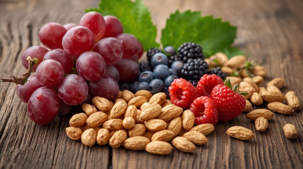 Natural sources of resveratrol including red grapes, berries, and peanuts arranged aesthetically.