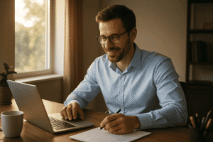 Optimized morning routine with focused work in natural morning light