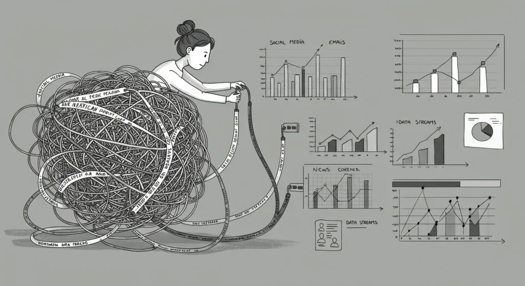 A woman unravels a giant ball of tangled data, with charts showing "Social Media," "Emails," and "News.