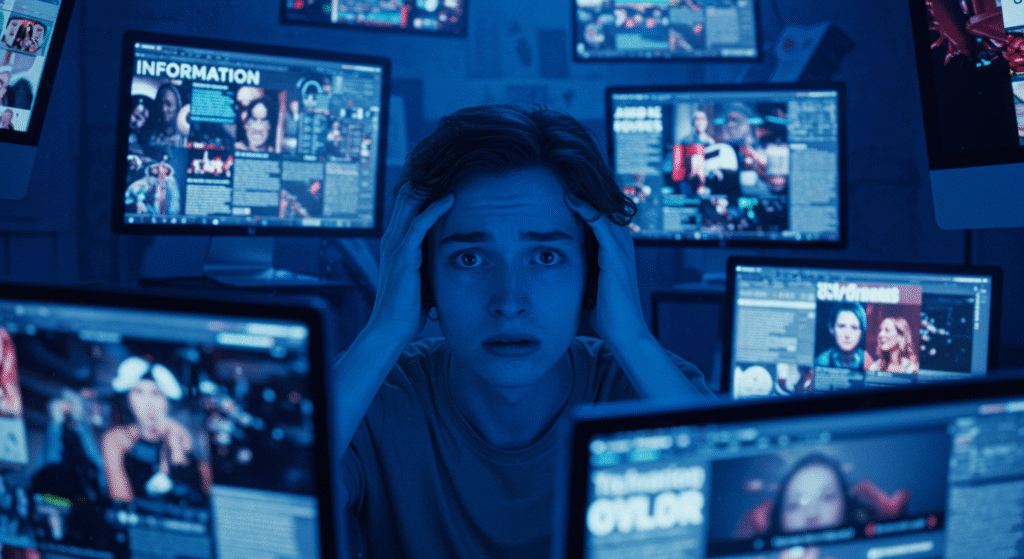 Stressed young man surrounded by multiple computer screens displaying overwhelming online content.