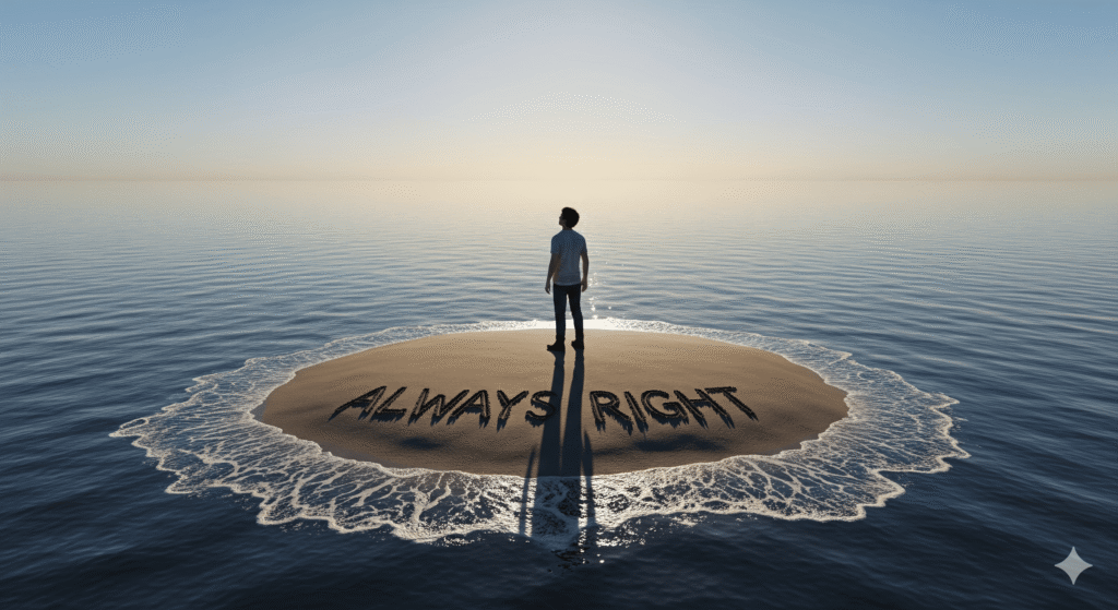 Person-standing-alone-on-an-island-representing-isolation-from-always-being-right-scaled