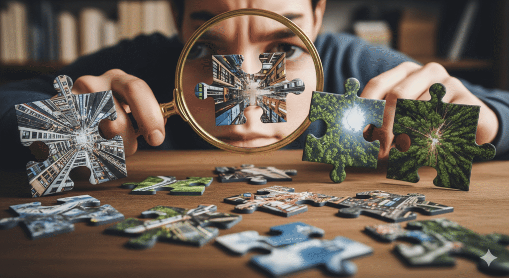 Person with magnifying glass examining different perspectives represented as puzzle pieces.png