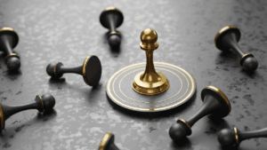 A triumphant golden chess pawn stands upright on a circular pedestal, encircled by concentric gold rings, while seven black pawns lie toppled around it on a textured gray surface, symbolizing resilience and strategic victory in a competitive landscape.