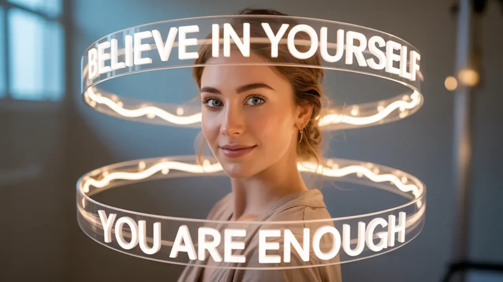 Portrait of a smiling woman with glowing rings around her head saying "BELIEVE IN YOURSELF" and "YOU ARE ENOUGH,