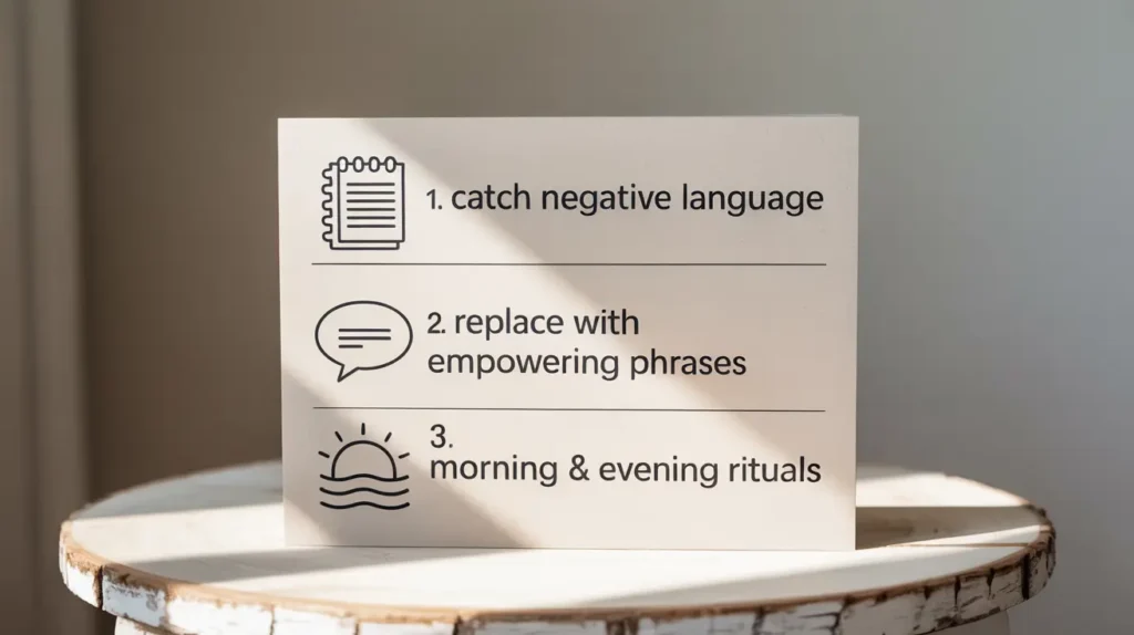 Minimalist card showing 3 steps to improve self-talk: 1. catch negative language, 2. replace with empowering phrases, 3. morning & evening rituals.