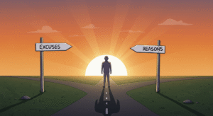 Person stands at a crossroads at sunrise with signs labeled “Reasons or Excuses” pointing both ways.
