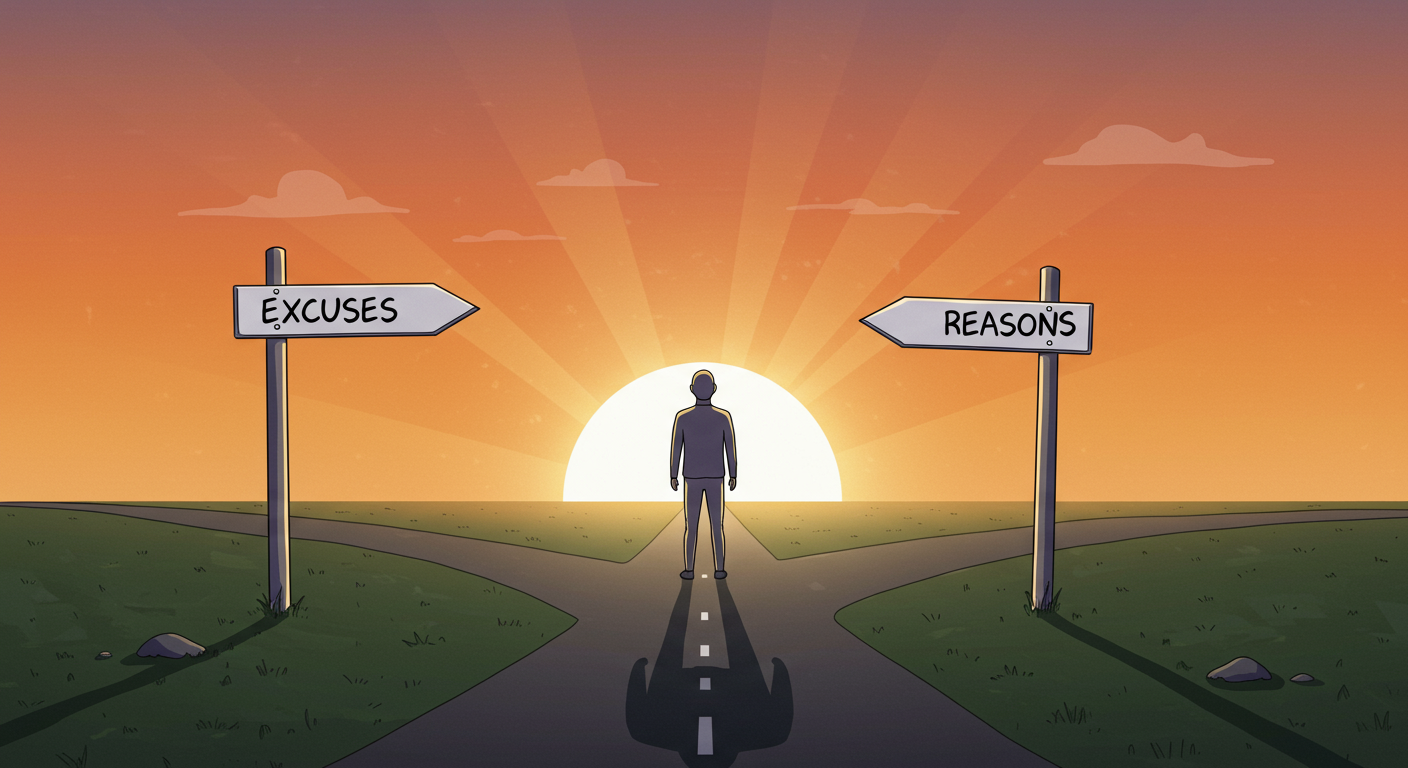 Person stands at a crossroads at sunrise with signs labeled “Reasons or Excuses” pointing both ways.
