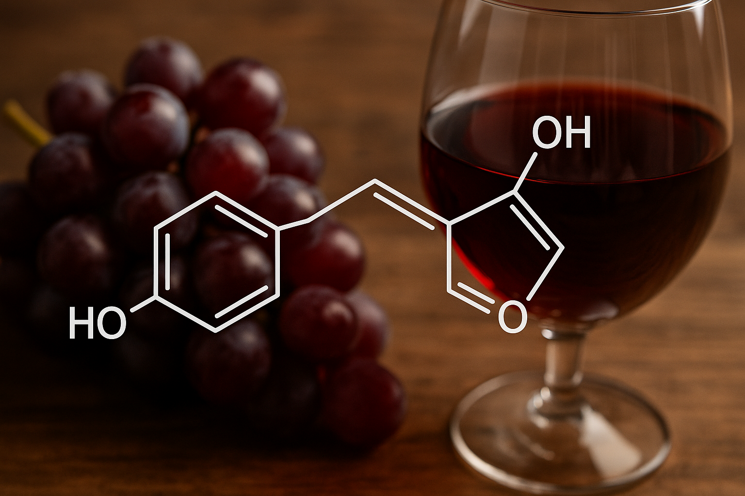 Resveratrol molecule structure with grapes and red wine in background symbolizing the Fountain of Youth.
