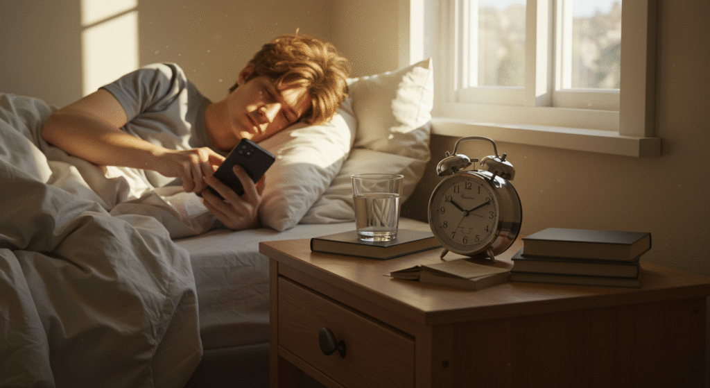Young man lying in bed using smartphone, morning light, alarm clock, glass of water, and books.