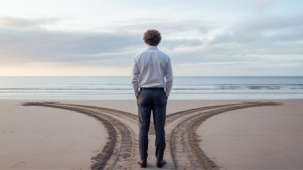 A man on a beach faces the ocean, paths diverging in sand. Self-Awareness Helps Us Change