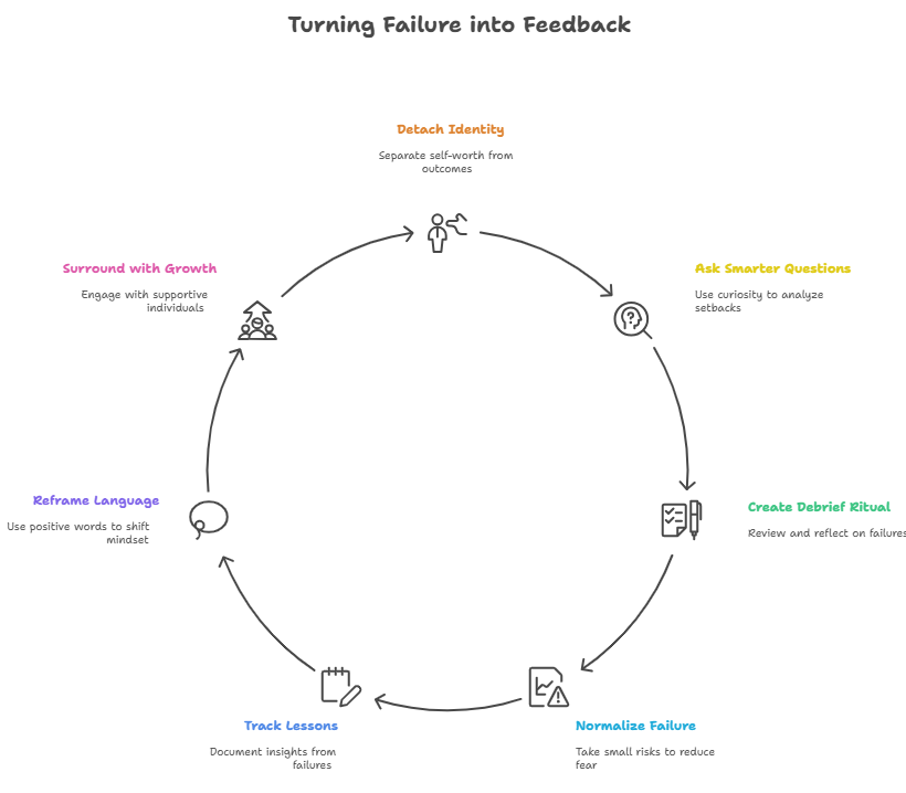 Circular diagram titled "Turning Failure into Feedback" with steps: Surround with growth, Reframe language, Track lessons, Normalize failure, Ask smarter questions, Create detailed plans.