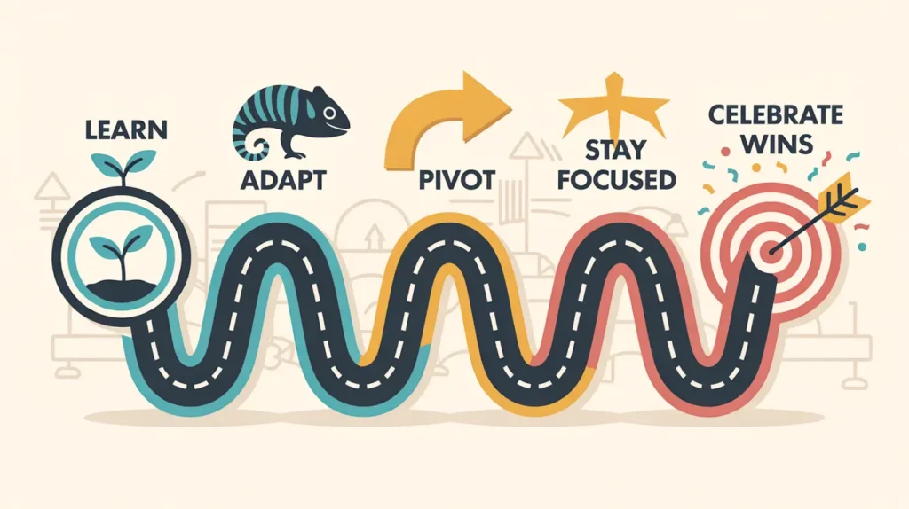 An illustrated, winding road shows the steps from LEARN to ADAPT, PIVOT, STAY FOCUSED, and finally, CELEBRATE WINS