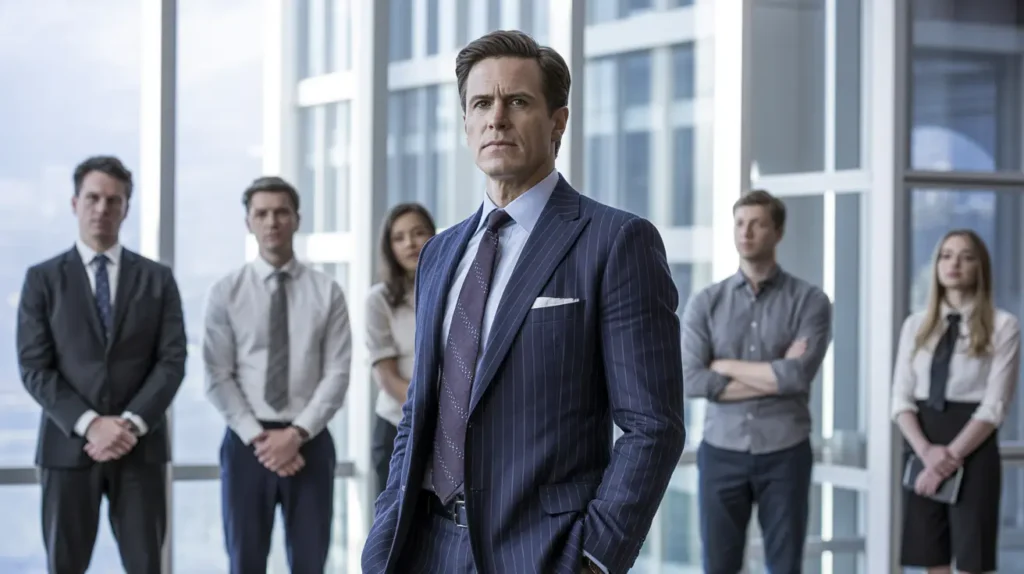 A well-dressed business leader stands in front of his team in a modern, high-rise office. Structure.