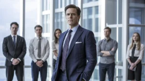 A well-dressed business leader stands in front of his team in a modern, high-rise office. Structure.